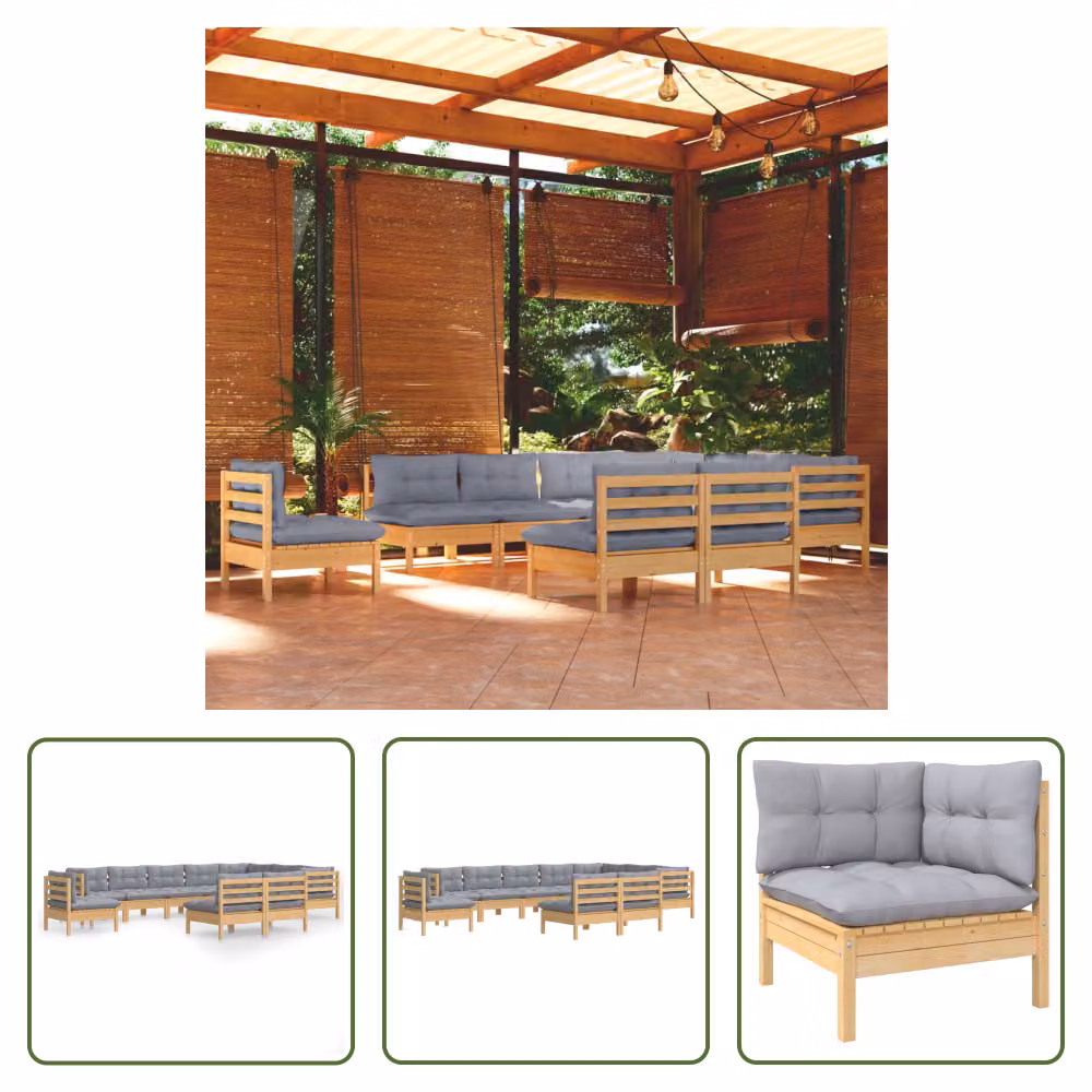 The Living Store Set da giardino da 10 pezzi con cuscini grigi in legno di pino massiccio