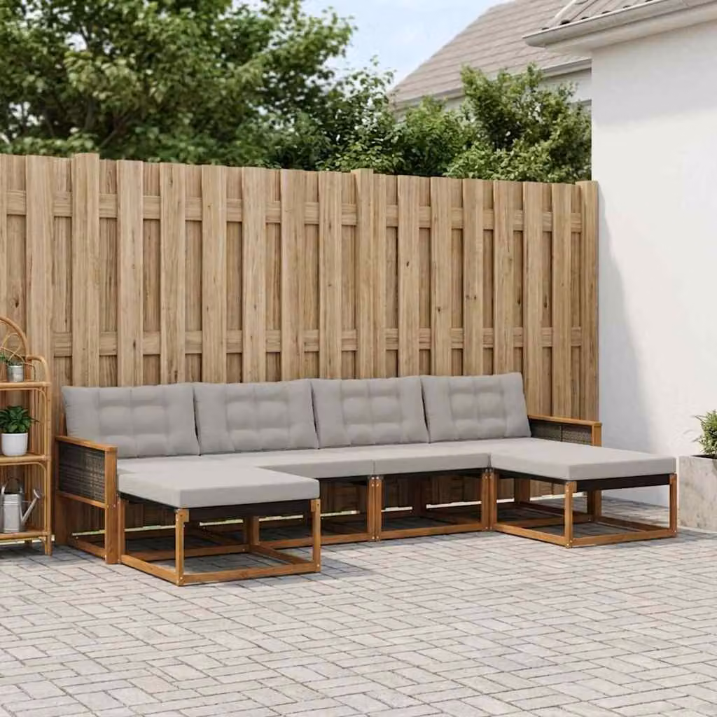 Set di divani da esterno vidaXL a forma di L composto da 6 pezzi in legno di acacia e textilene, colore beige e grigio con cuscini inclusi