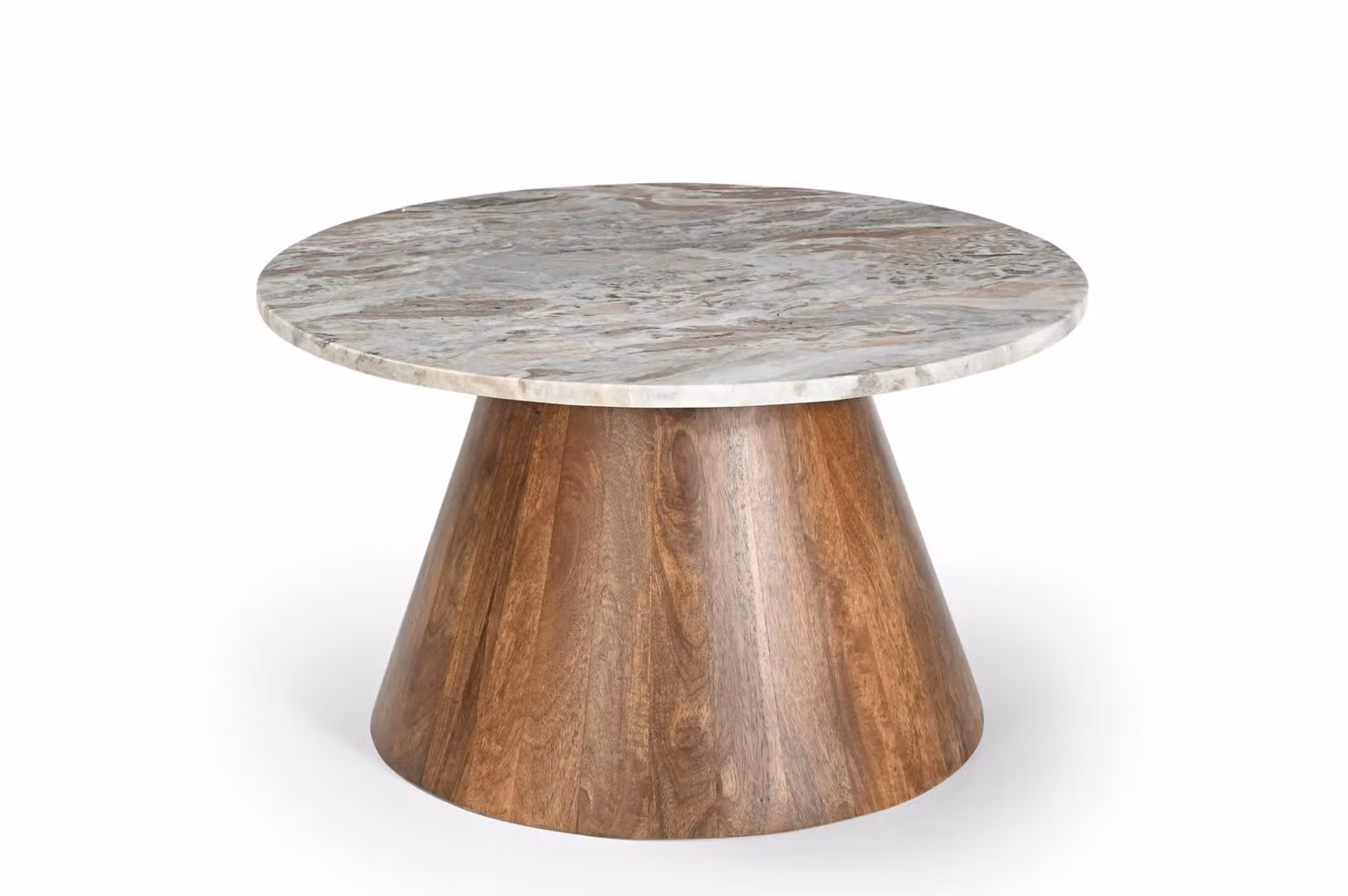 Legno di marmo - tavolino Bari rotondo Ø70 cm x H40 cm - tavolino in marmo grigio con struttura in legno massiccio marrone, elegante tavolino in stile giapponese e naturale