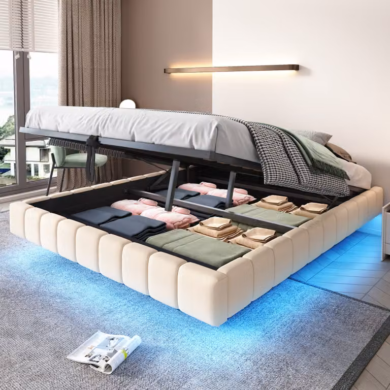 Letto imbottito STILVORA 160×200 con contenitore e rete a doghe, letto matrimoniale per ragazzi con luce a LED, struttura letto sospesa senza testiera, beige (con materasso)