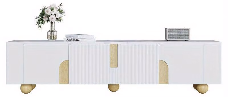 Mobile TV – Larghezza 180 cm – Piano in effetto marmo – Gambe sferiche in legno – Bianco con dettagli in legno