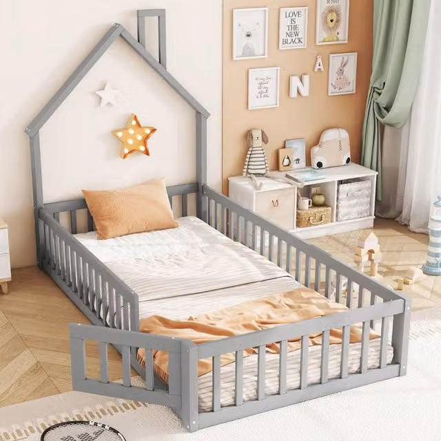 Letto casetta per bambini 90 × 200 cm con barriera di sicurezza, senza materasso, in pino e MDF grigio
