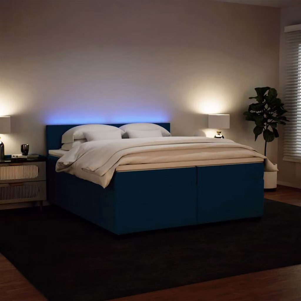 vidaXL Giroletto a Molle con Materasso Ibrido in Velluto Blu e Bianco L/P: 200 x 200 cm – 1