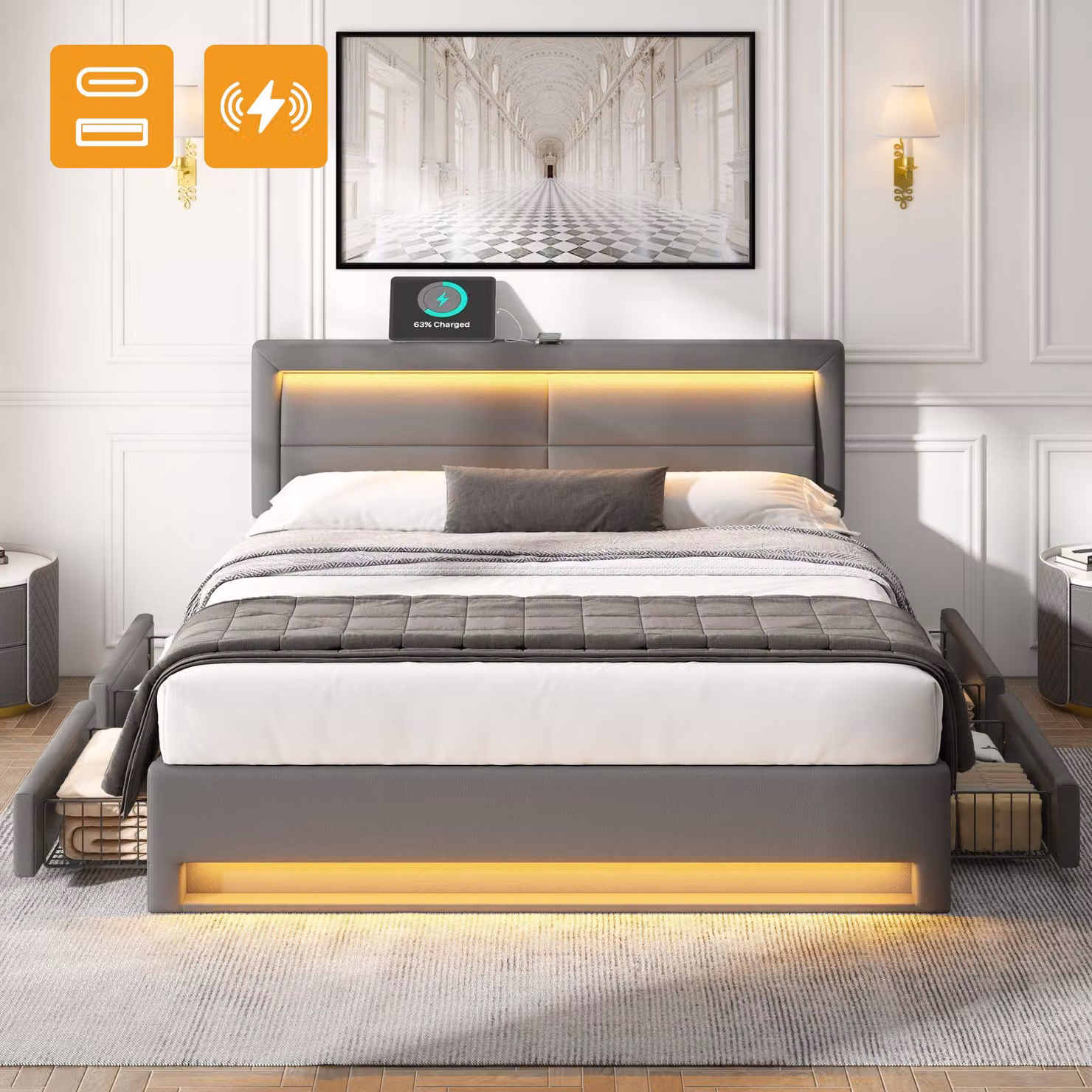 Letto imbottito 140 x 200 cm, con porta USB (supporta la ricarica wireless e cablata), con illuminazione a LED e quattro cassetti, senza materasso