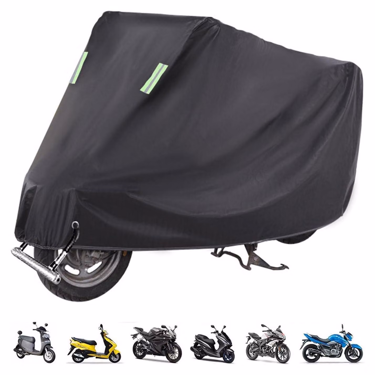 Copertura impermeabile per motocicletta, realizzata in poliestere 210D, resistente ai raggi UV, dimensioni 255x90x125 cm, colore nero/argento