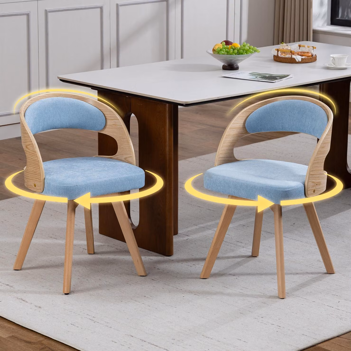 LVHOM Set da 2 sedie da sala da pranzo girevoli a 360°, sedie imbottite in stile scandinavo con gambe in legno di faggio, sedie da cucina ergonomiche, blu