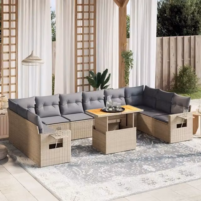 Set di divani da giardino VIDAXL in polyrattan con cuscini beige, 11 pezzi