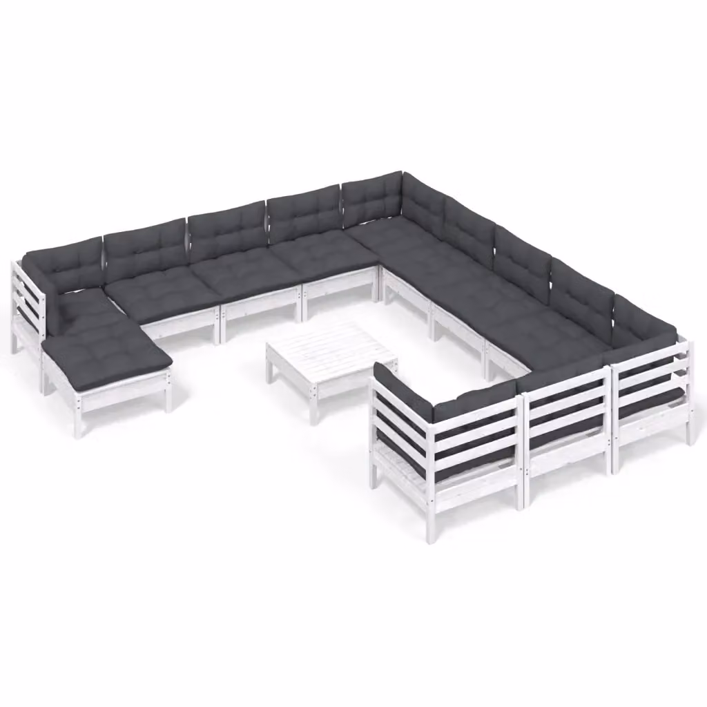 Set di Divani da Giardino a Forma di U vidaXL in Legno di Pino con Cuscini Bianchi e Antracite, 13 Pezzi – 2