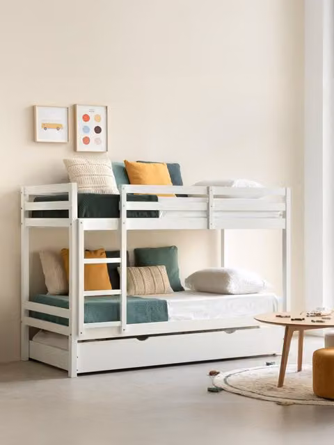 Letto a castello Kenay Home in legno di pino bianco con struttura a casetta e doghe fisse L/P/H: 190 x 90 x 144 cm
