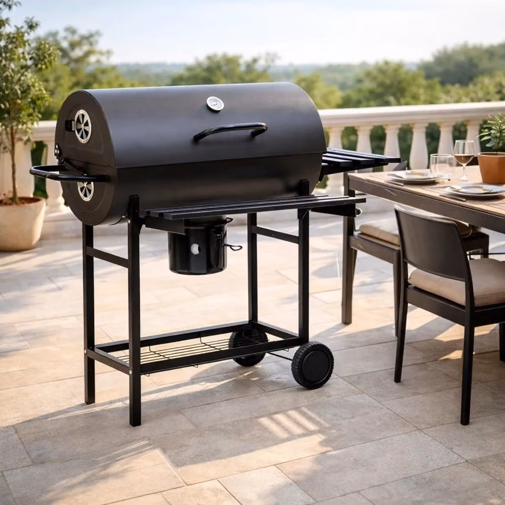 Barbecue a carbone Pavlodar con coperchio e termometro integrato in acciaio nero, dotato di ruote e ripiani, L: 112 cm, P: 63.5 cm, H: 97 cm – 2