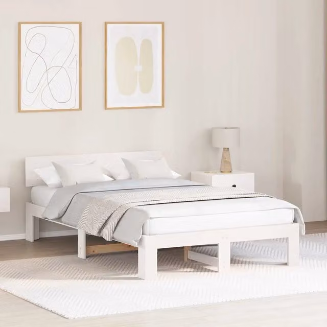 Struttura letto con giroletto e rete a doghe in pino massello bianco L/P/H: 120 x 200 x 66 cm