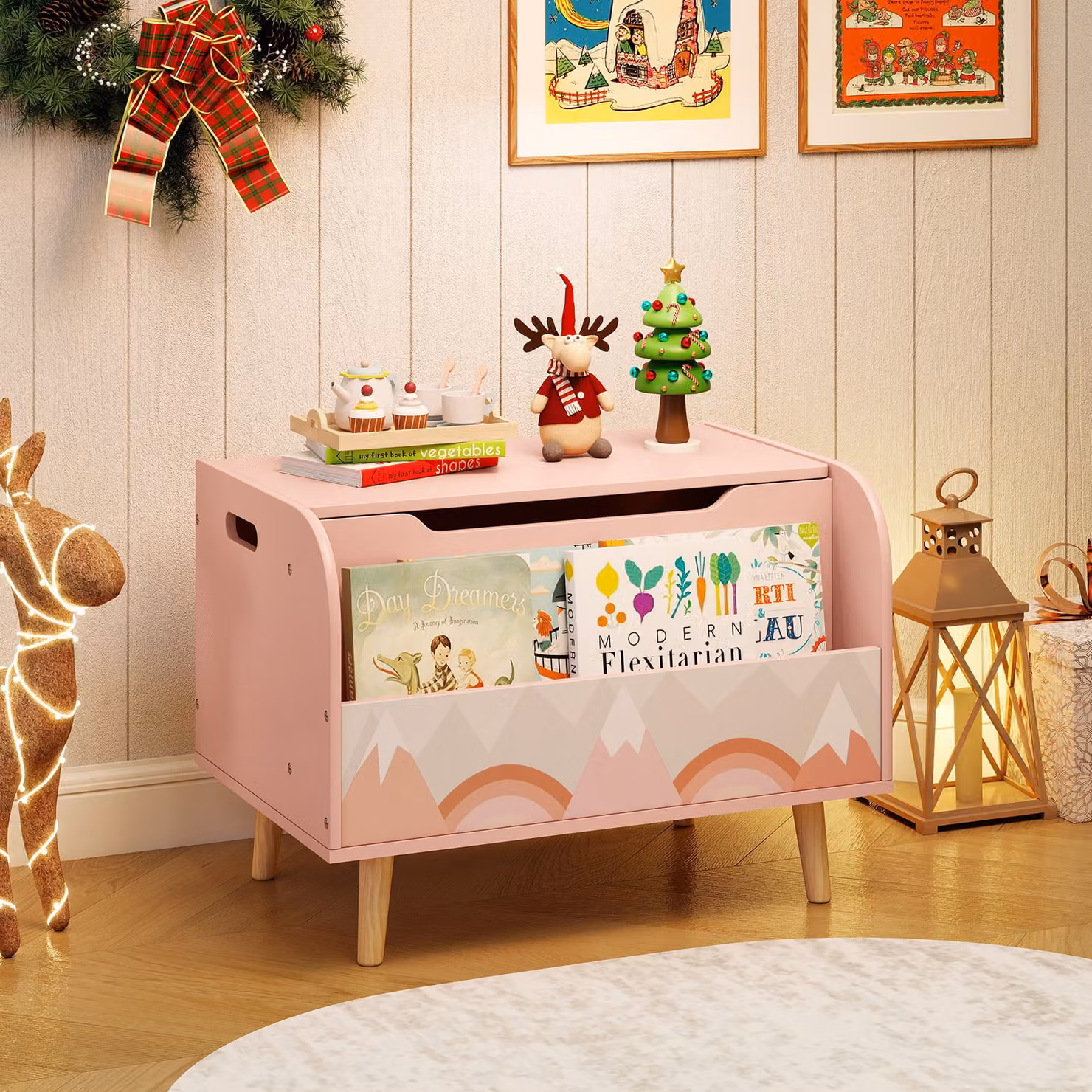 Cassapanca organizer e libreria frontale per bambini Costway in legno massello di pino con coperchio ribaltabile, colore Rosa