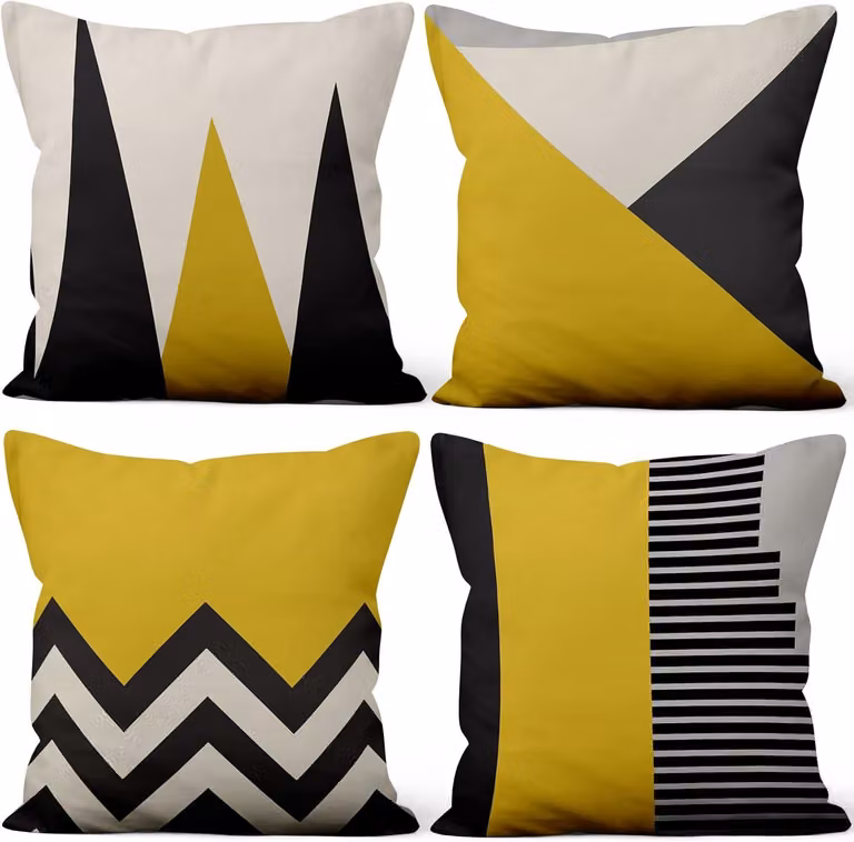 Coperte per cuscini 18 x 18 pollici, nero, giallo, bianco, motivo geometrico moderno, tessuto morbido e corto, forma quadrata, ideali per divani, letti, soggiorni e ambienti rustici