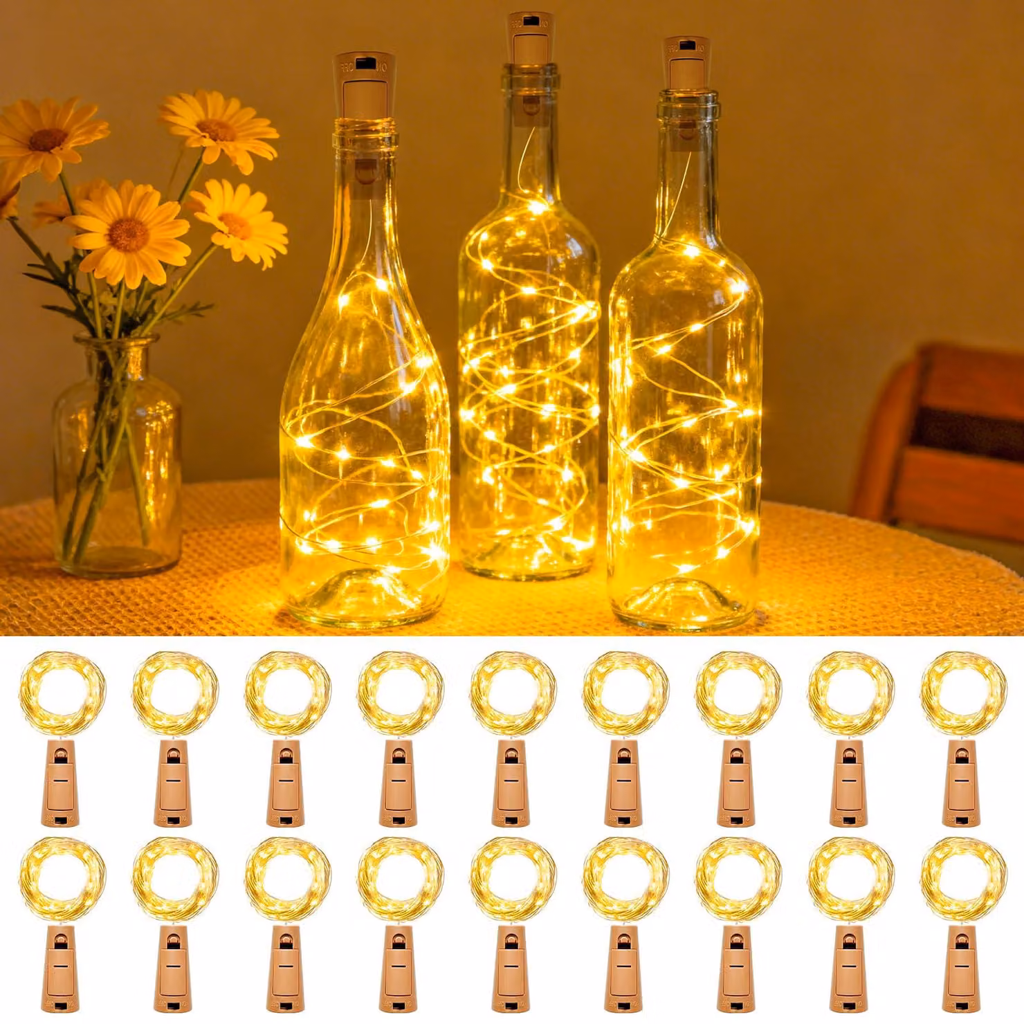 Catena luminosa a LED, 18 pezzi, 2 metri, 20 LED, luce bianco caldo, alimentazione a batteria
