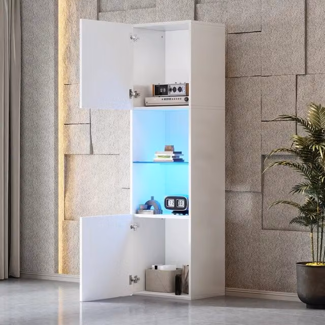 Vetrina MINIMAL con Illuminazione LED e Ripiano in Vetro, Bianco Lucido, L 45 cm x P 35 cm x H 160 cm