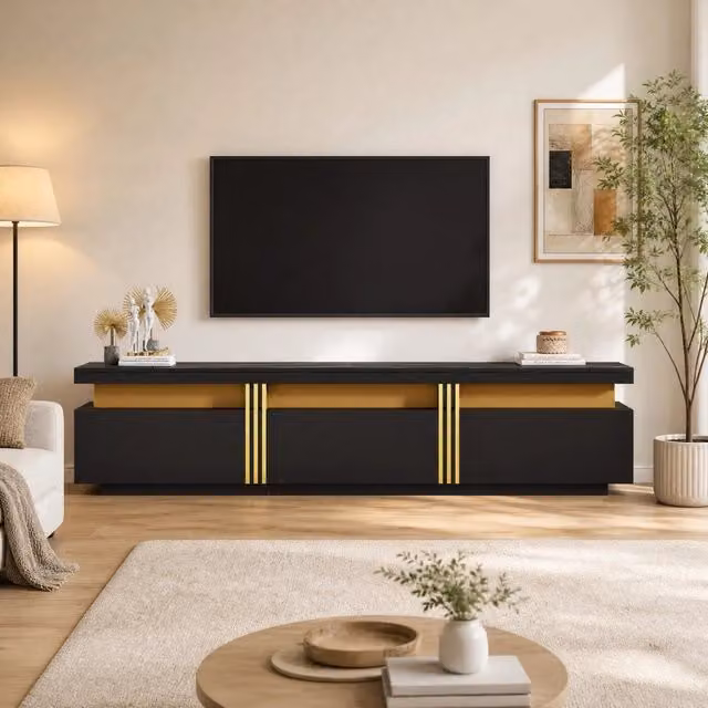 Mobile TV 200x40x42 cm con 3 cassetti e passacavo; in pannello truciolare nero effetto marmo