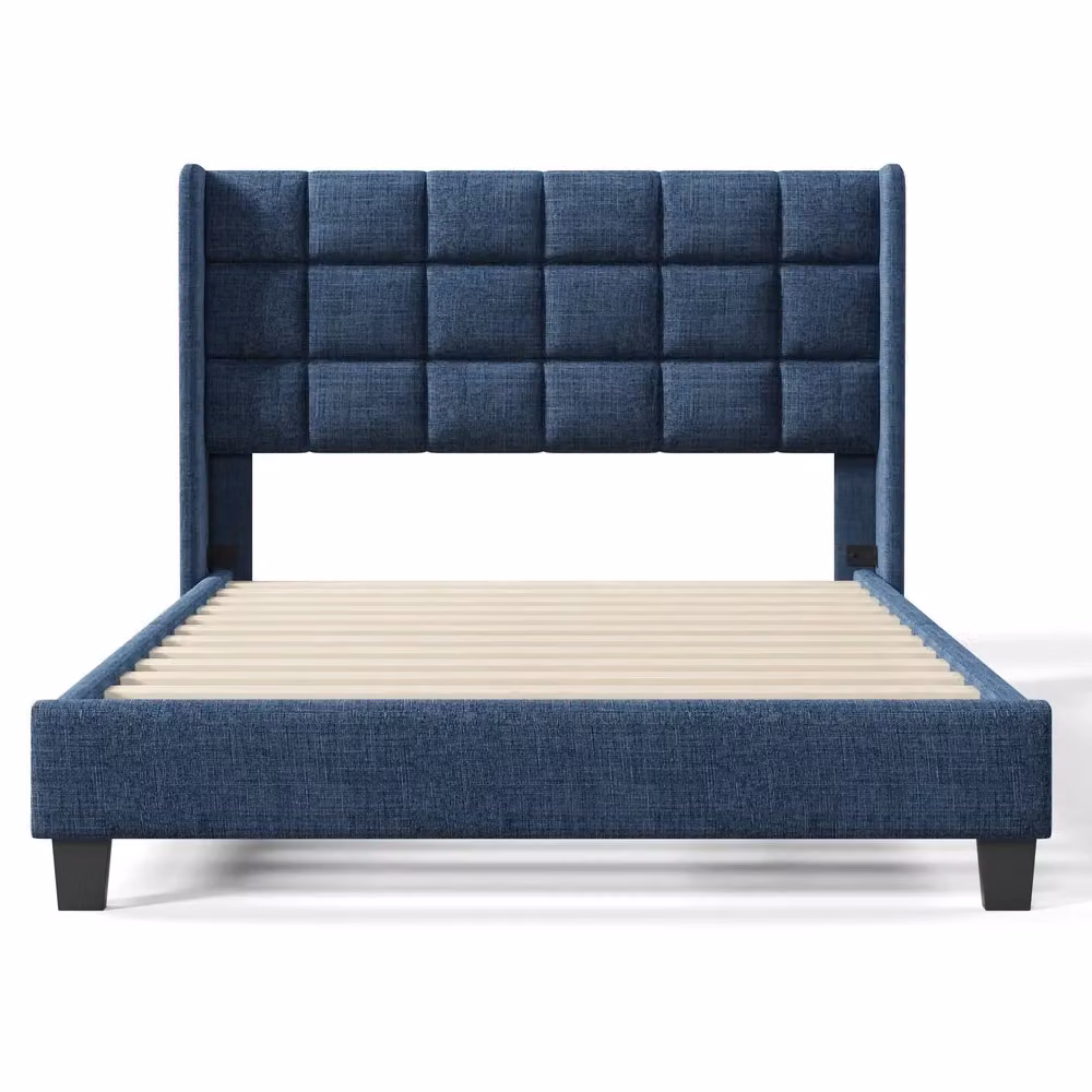 Letto matrimoniale imbottito Minimal con rete a doghe Blu lino L/P/H: 140 x 200 x 111 cm – 2