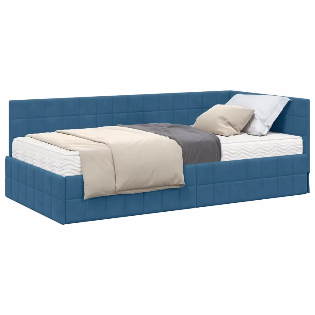 vidaXL Struttura Letto Angolare in Velluto Blu con 2 Materassi in Schiuma L/P/H: 90 x 200 cm – 2