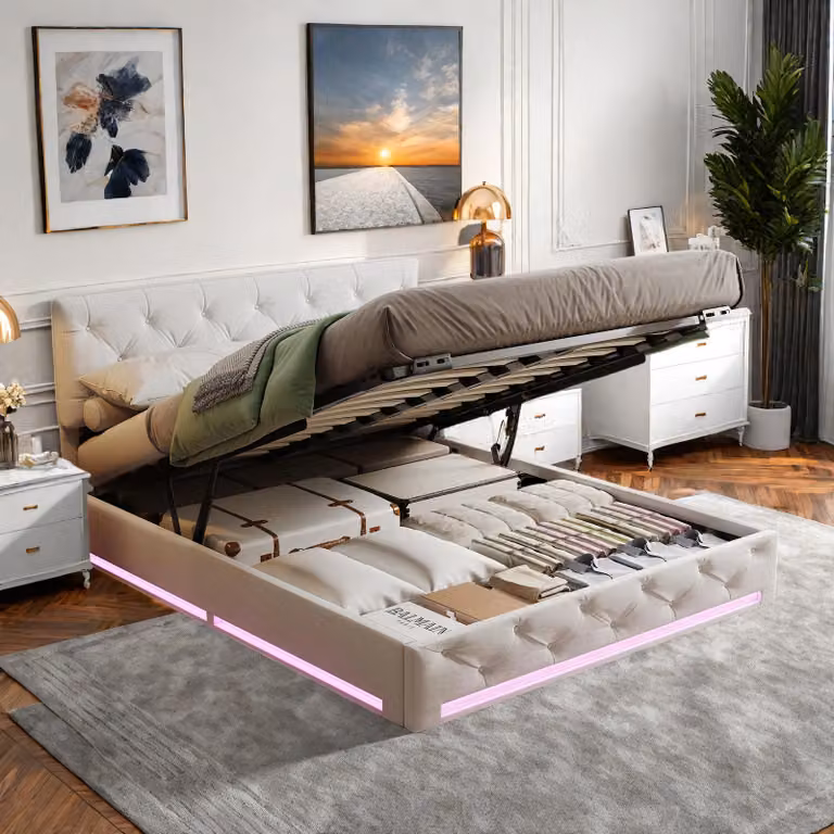 Letto imbottito Fortuna Lai 160x200 cm, letto contenitore idraulico con LED, rete a doghe e giroletto, beige