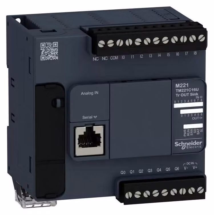 Controllore PLC Schneider Electric, Modicon M221, formato compatto, 16 I/O, Modbus, 24 V CC, transistor sink, morsetti a vite TM221C16U