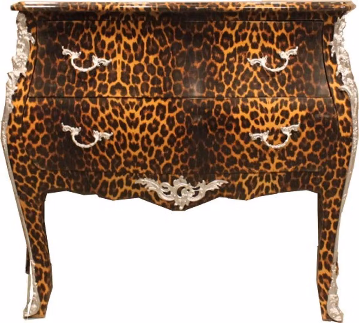 Comodino Casa Padrino in stile barocco, motivo leopardo, con applicazioni in metallo argentato, dimensioni 100 x 52 x 85 cm