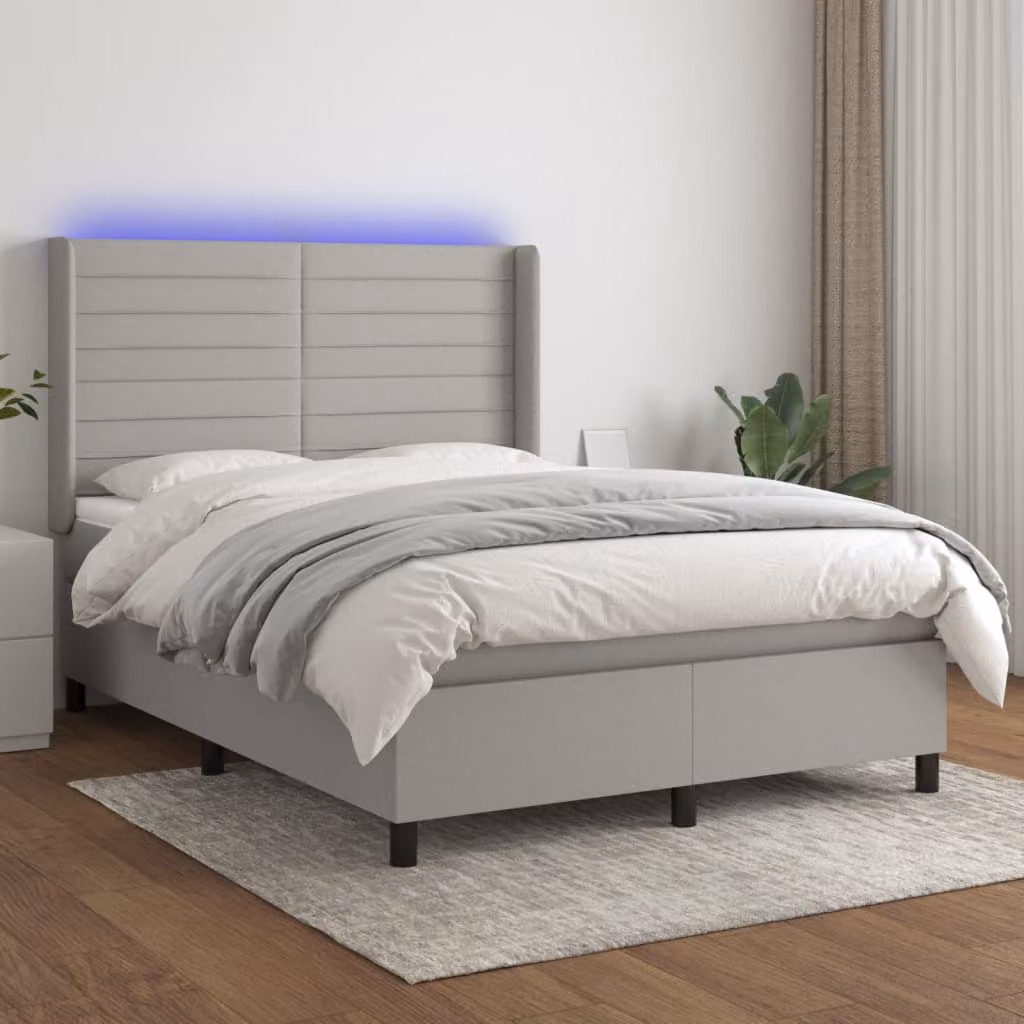 Letto a Molle vidaXL con Illuminazione LED e Porte USB in Tessuto Grigio o Bianco L/P/H: 140 x 200 x 147 cm – 1