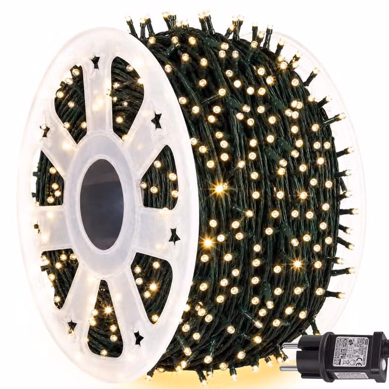 Catena luminosa con 2000 LED, lunghezza 50 metri, luce bianco caldo, grado di protezione IP44, 8 modalità, timer