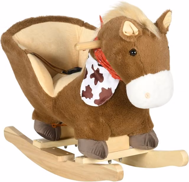 Cavallo a dondolo XYLO in legno marrone con suoni e cintura di sicurezza L: 60 cm, P: 33 cm, H: 50 cm