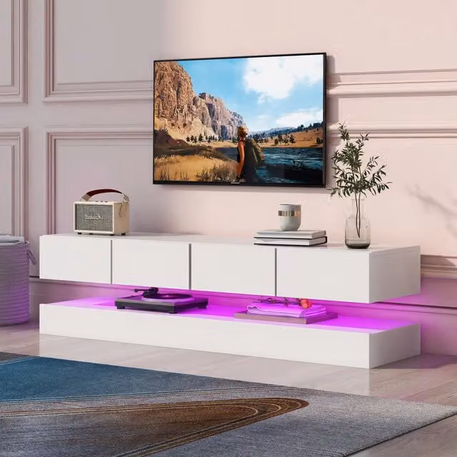 Mobile TV sospeso Mivray con 4 cassetti, illuminazione LED integrata e finitura bianca opaca in MDF, L: 130 cm, P: 33 cm