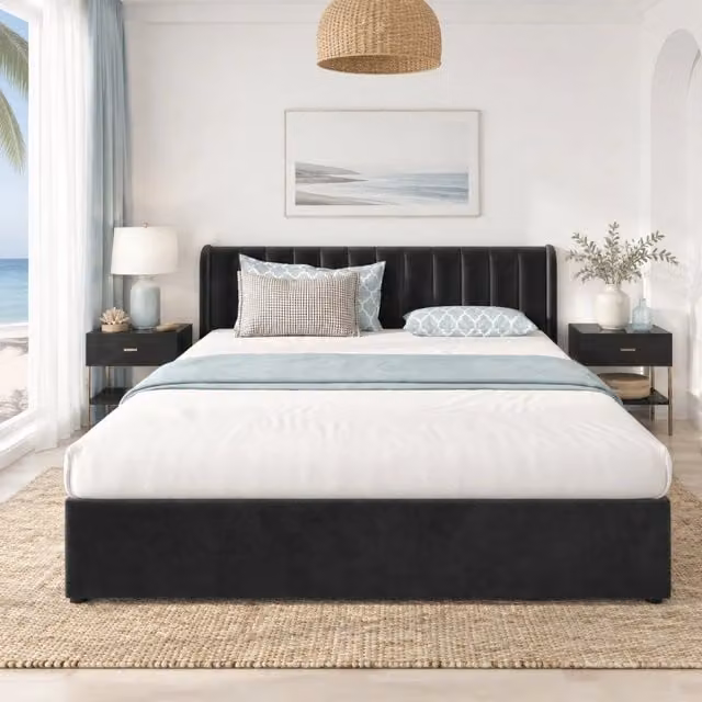Letto matrimoniale 180x200 cm in velluto con rete a doghe; 2 cassetti; nero
