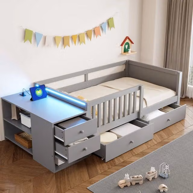 Letto per bambini con cassetti e luci LED ¨C Minimal ¨C Grigio, 90x200cm