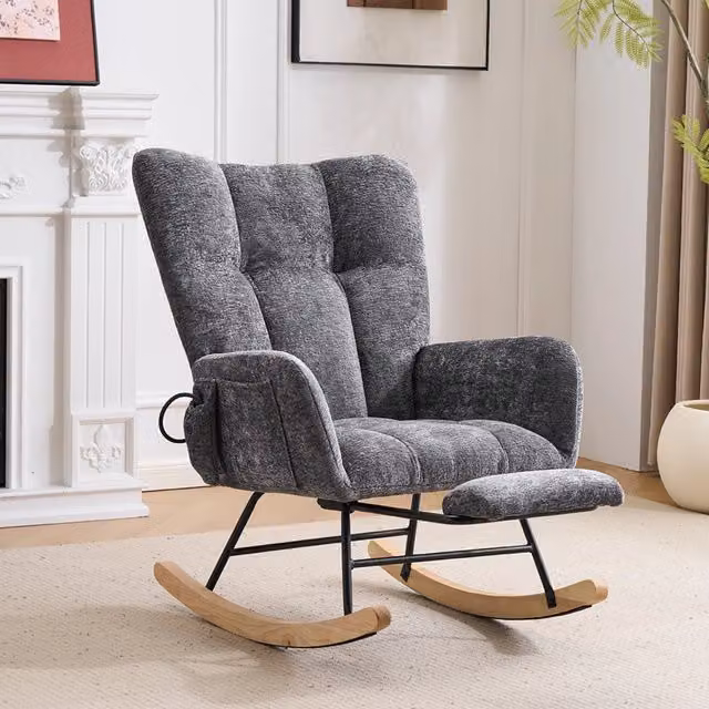 Poltrona a dondolo relax con poggiapiedi integrato e tasca laterale REDOM in tessuto Chenille Grigio scuro
