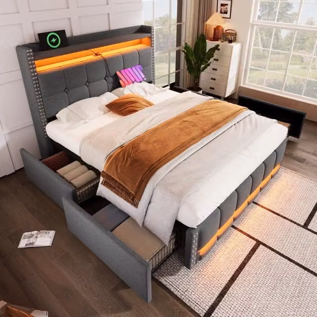 Letto imbottito moderno REDOM grigio con illuminazione LED, porta USB, cassetti e ripiani L/P/H: 221 x 160 x 115 cm