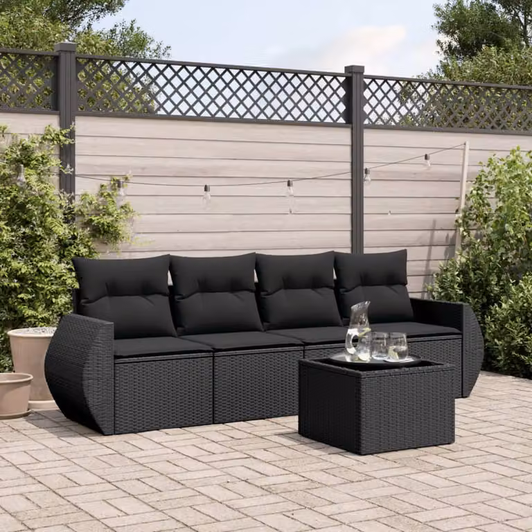 Set Divani da Giardino vidaXL 5 Pezzi con Tavolino e Cuscini in Polyrattan Nero