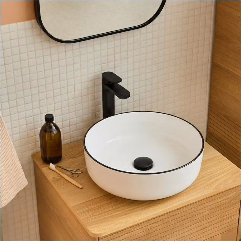 Lavabo da appoggio rotondo in Vetroceramica bianca con bordo nero, 37cm ALIX