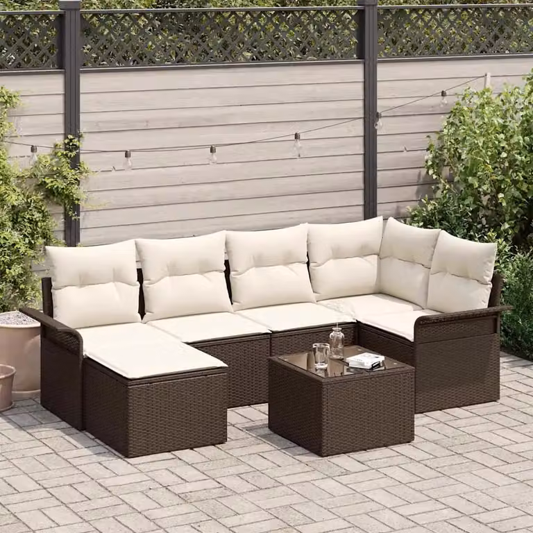 Set Divano da Giardino vidaXL 7 Pezzi in Polyrattan Marrone con Cuscini e Tavolino da Esterno