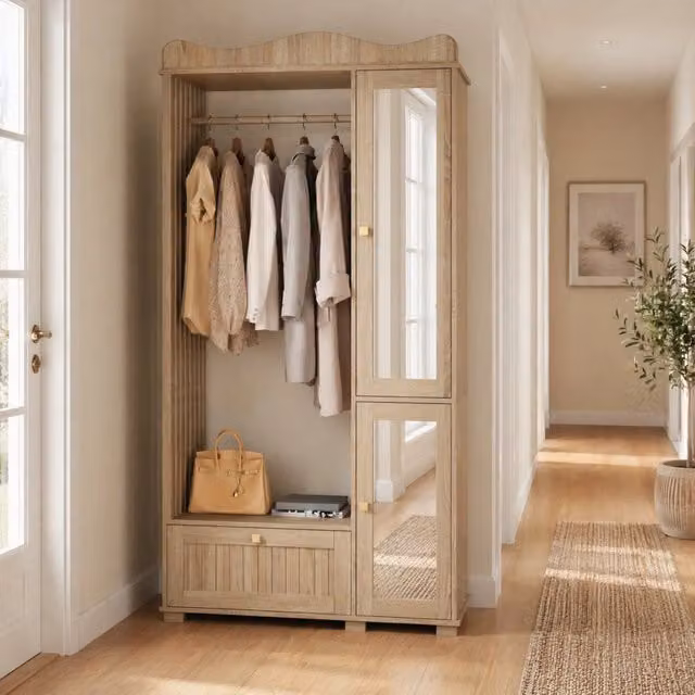 Armadio guardaroba 115.5x38.5x194.5 cm con specchio a figura intera in MDF naturale