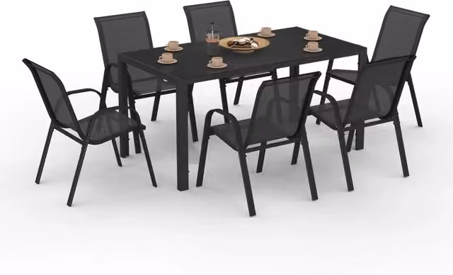 IDMarket - Set di mobili da giardino MADRID tavolo 150 CM e 6 sedie impilabili nero