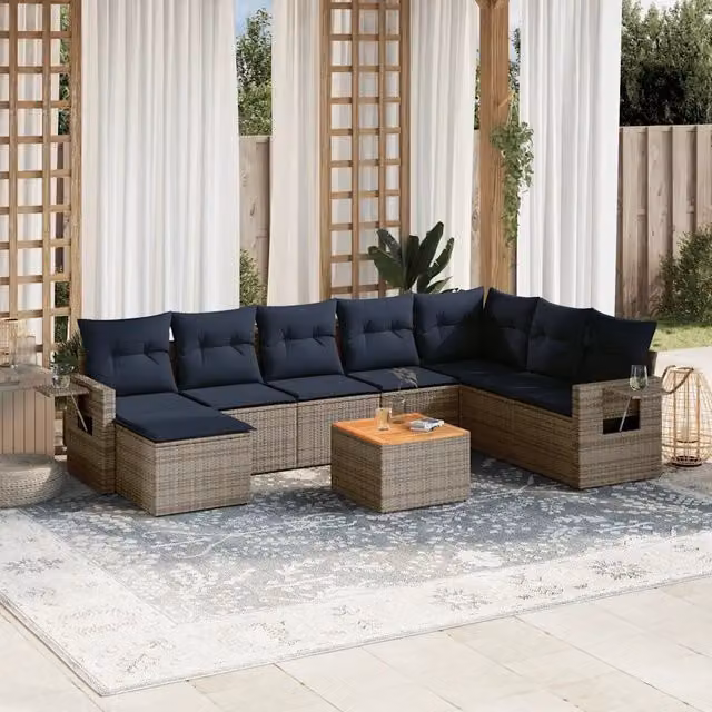Set Divani da Giardino 9 pz con Cuscini Grigio in Polyrattan 3224703