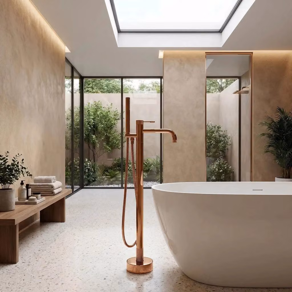 Rubinetto da terra per vasca Rea Venti Copper in ottone color oro con miscelatore a due maniglie e beccuccio girevole – 2