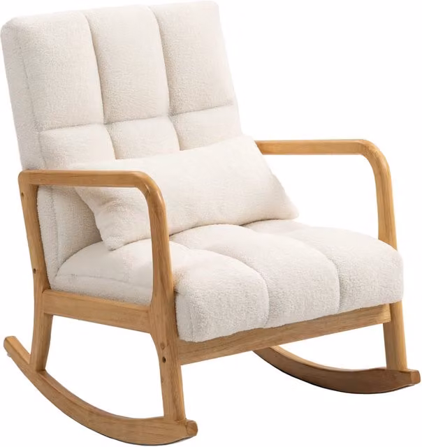 Poltrona a dondolo-Sedia a dondolo 90¡ã-130¡ã con Cuscino Lombare rivestita in Tessuto Sherpa, 64.5x82x89 cm, Bianco e color Legno