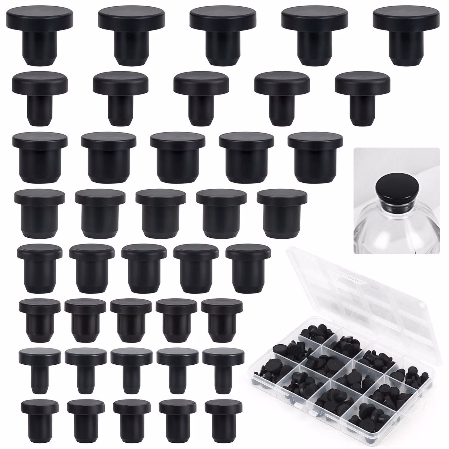 100 tappi in gomma, tappi in silicone neri, rotondi, disponibili in 8 diverse misure