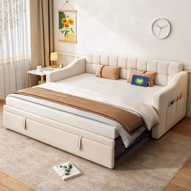 Letto divano estraibile 90×190 cm 2 posti con letto supplementare e porte USB, senza materasso, velluto beige