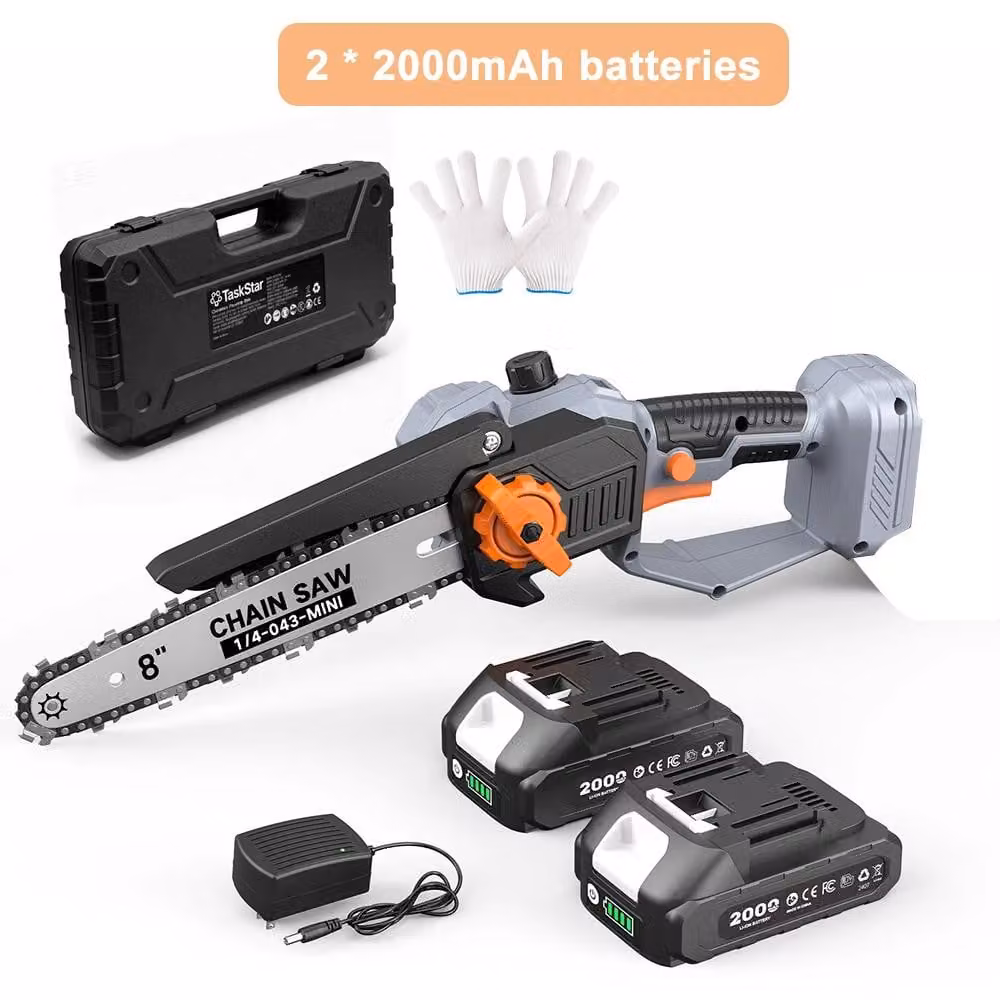 Mini motosega elettrica - Motosega a batteria - 20 V - 2 batterie da 2 Ah - Lame da 20,3 cm - Motore brushless - Lubrificazione automatica della catena - Caricabatterie per l'Unione Europea