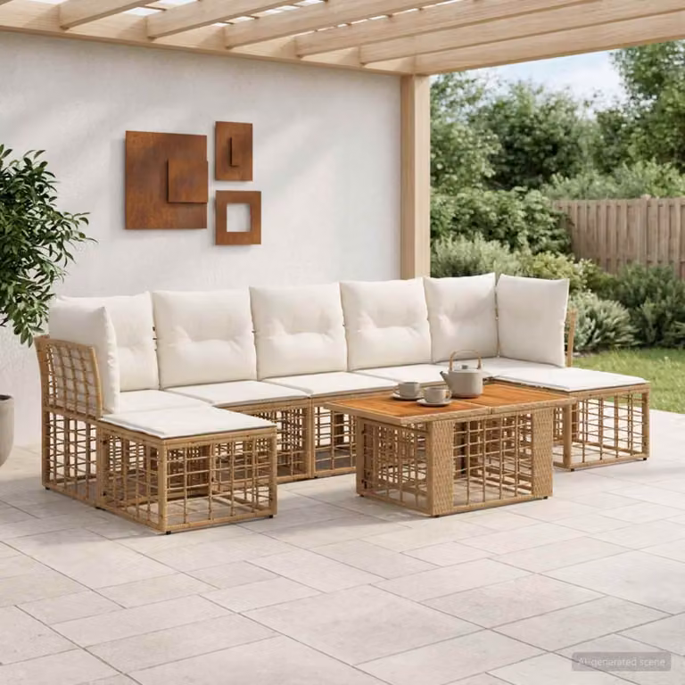Set Divano da Giardino 8 pz vidaXL in Polyrattan con Cuscini Bianchi e Marrone per Terrazza e Giardino