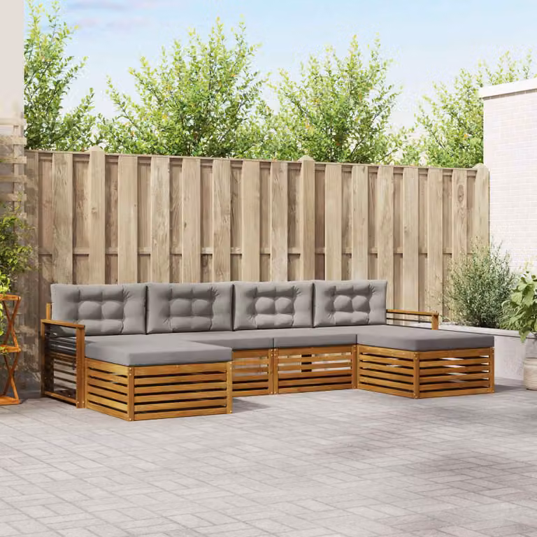vidaXL Set di divani da esterno 6 pz a forma di L in legno di acacia con cuscini beige e grigio