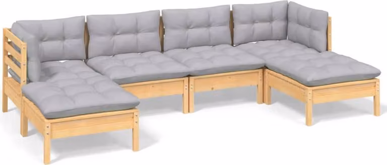 Set Divani da Giardino 6 pz con Cuscini Grigi Massello di Pino