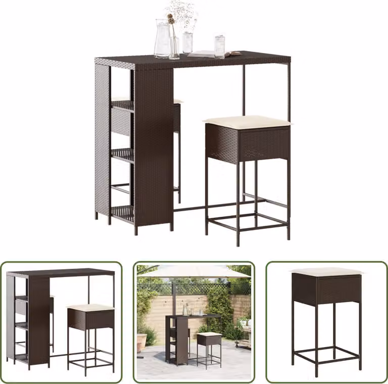 Set da bar da giardino The Living Store, 3 pezzi, con cuscini, in polyrattan marrone