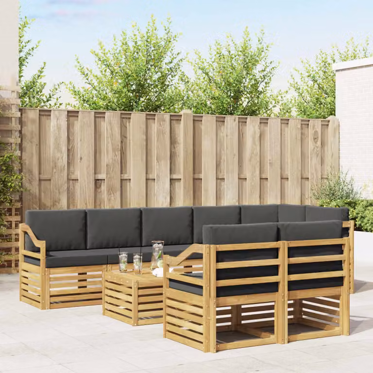 Set di divani da esterno vidaXL 9 pezzi con tavolo da caffè, struttura in legno di acacia e cuscini inclusi, Bianco, Antracite e Marrone