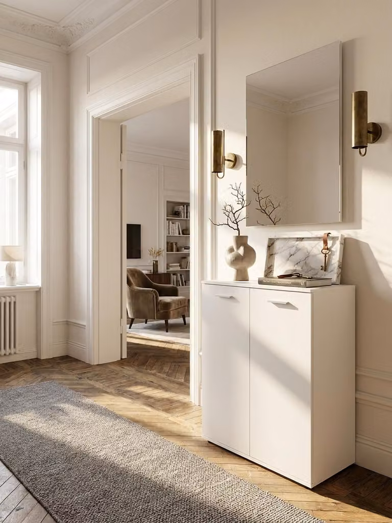Comò con 2 ante 71x104x35 cm Armadio multiuso in legno bianco, armadio da ingresso moderno chiaro, armadio piccolo, credenza opaca, comò, mobili da ingresso